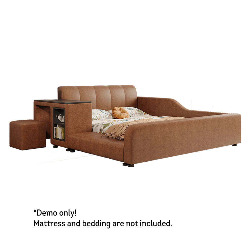 LIVARA Model-1066 120cm/135cm/150cm/180cm Waxed Leather Fabric Bed Solid Wood Frame With Desk - Image 3