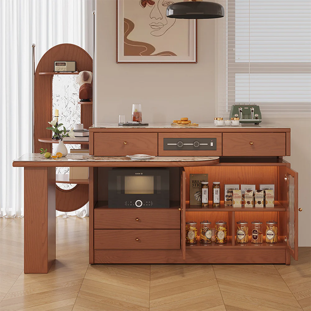 LIVARA Integrated Expandable Design Multifunctional Solid Wood Island Table With Rock Panel Dining Top - Image 3
