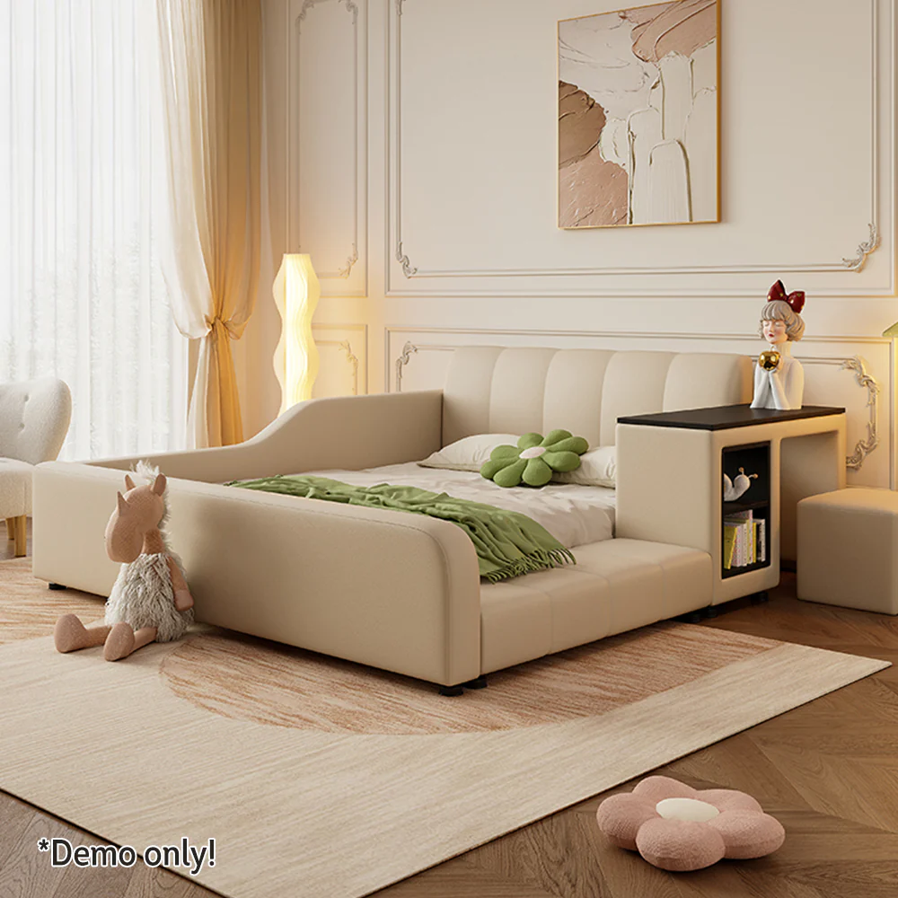 LIVARA SM901 120/135/150/180cm Lengrh Eco-friendly Leather Bed With Bookshelf - Beige - Image 3
