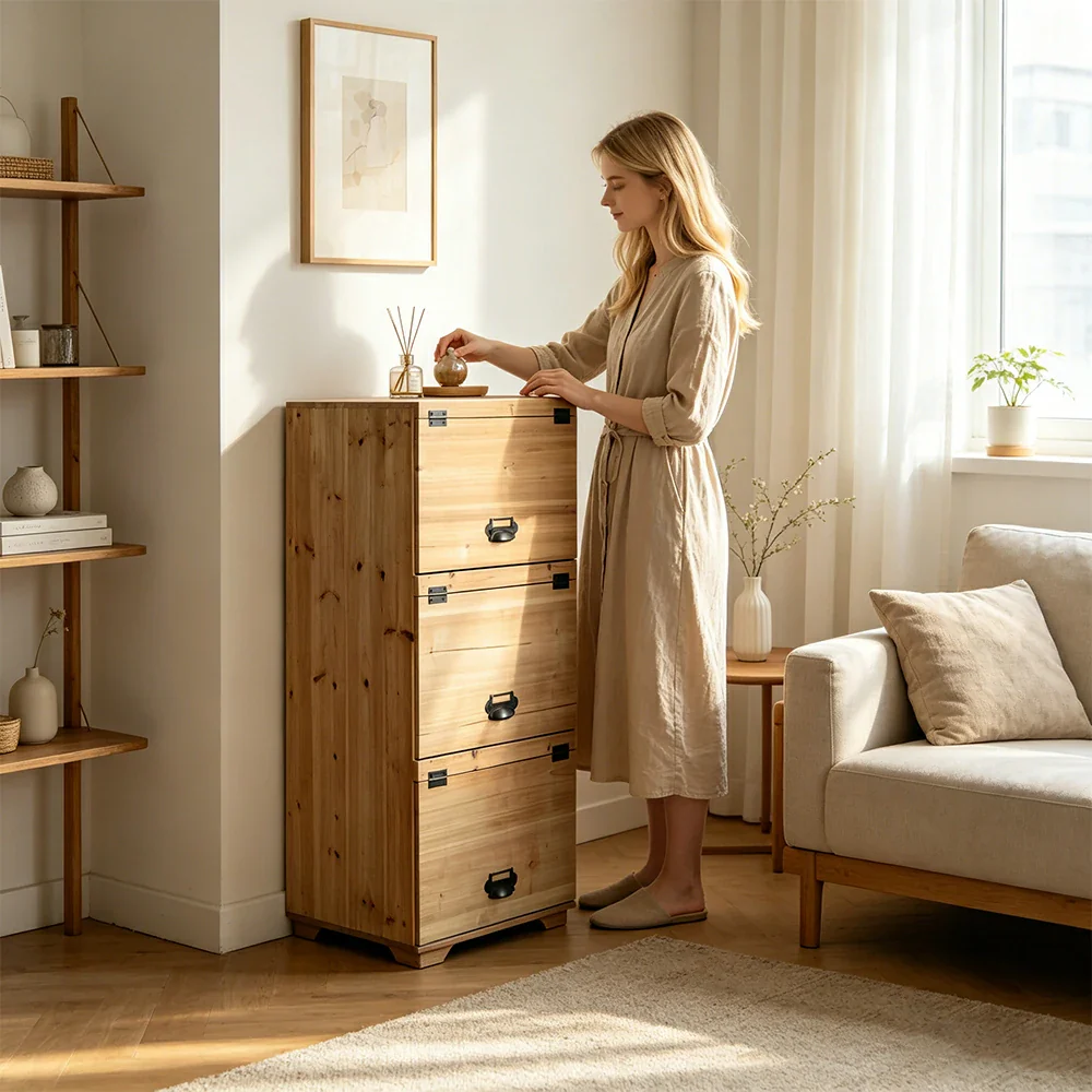 LIVARA Solid Wood Flip Door Wall Storage Cabinet for Entryway Kitchen Living Room - Natural Wood - Image 5