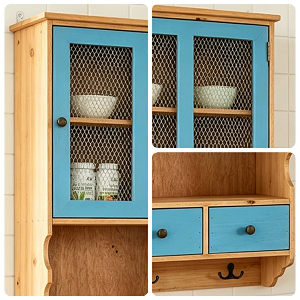 LIVARA Solid Wood Mesh Door Wall Storage Cabinet for Entryway Kitchen Living Room - Vintage Blue - Image 3