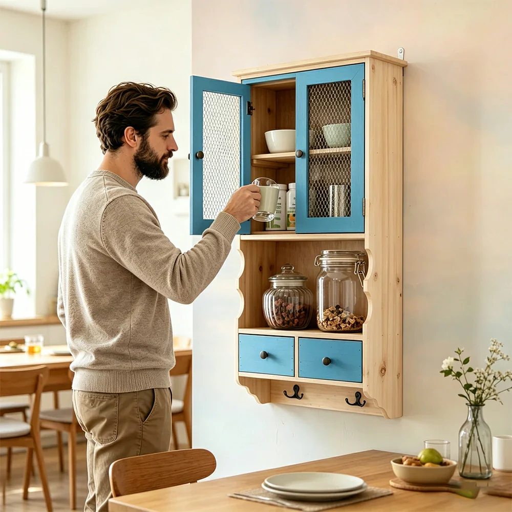 LIVARA Solid Wood Mesh Door Wall Storage Cabinet for Entryway Kitchen Living Room - Vintage Blue - Image 4