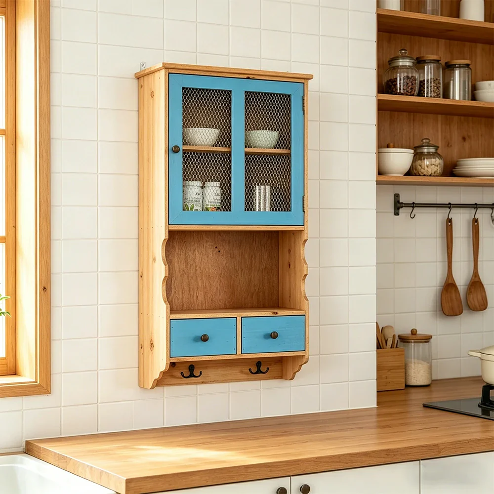 LIVARA Solid Wood Mesh Door Wall Storage Cabinet for Entryway Kitchen Living Room - Vintage Blue - Image 5