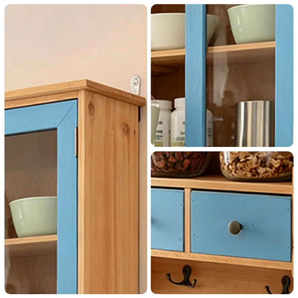 LIVARA Solid Wood Glass Door Wall Storage Cabinet for Entryway Living Room Bedroom - Bule & Wood - Image 3