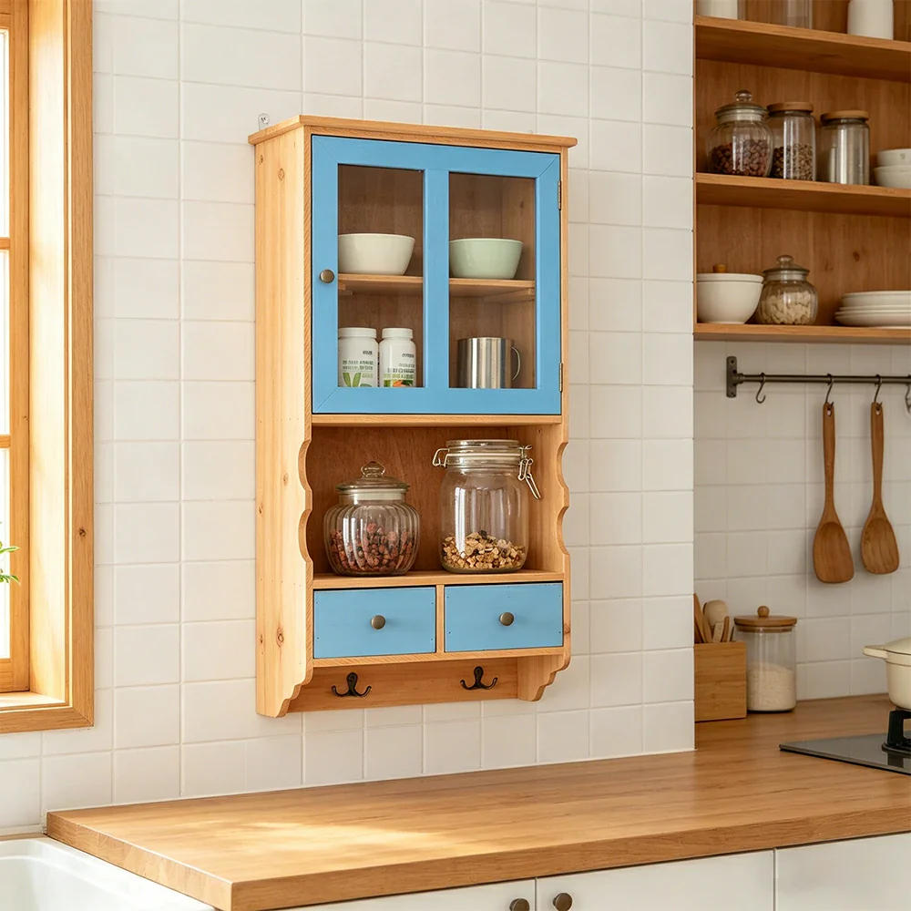 LIVARA Solid Wood Glass Door Wall Storage Cabinet for Entryway Living Room Bedroom - Bule & Wood - Image 5