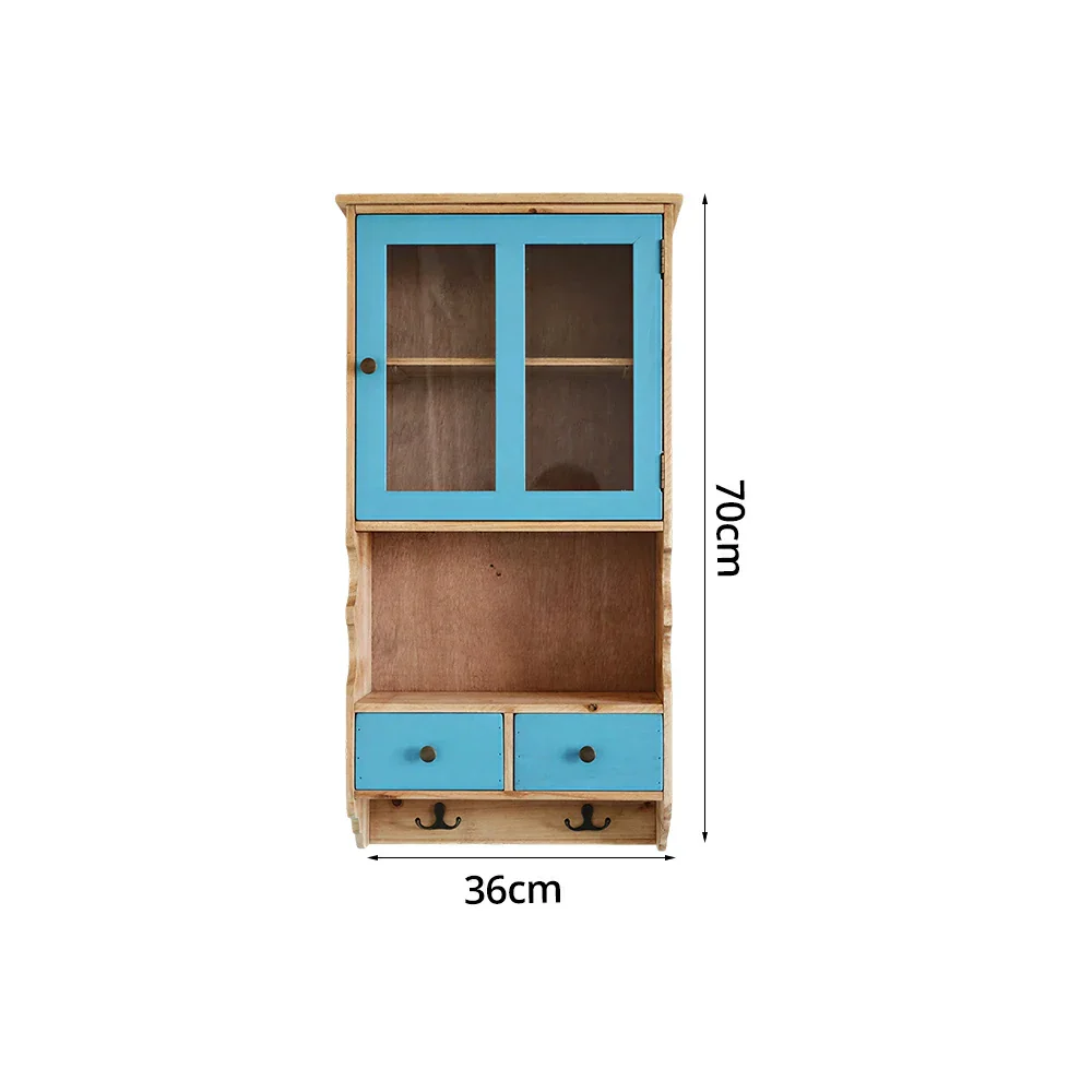 LIVARA Solid Wood Glass Door Wall Storage Cabinet for Entryway Living Room Bedroom - Bule & Wood - Image 7