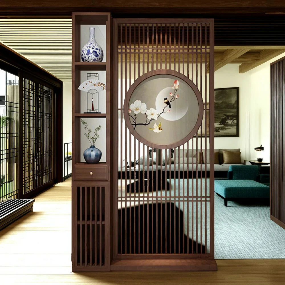 LIVARA Asian Style Walnut Wood Room Divider, Floral & Bird Motif, Elegant Privacy Screen for Home Decor - Image 4