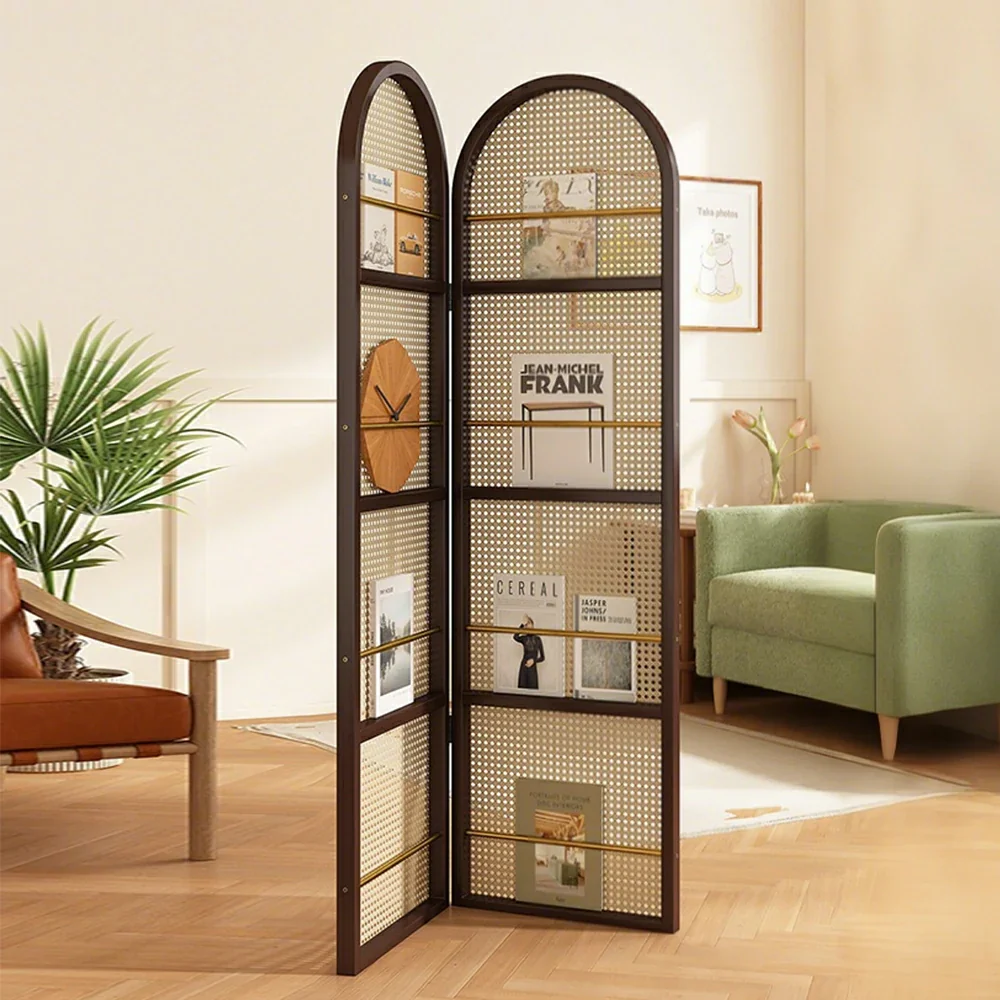 LIVARA Foldable 2-Panel Woven Rattan Bamboo Room Divider with Magazine Rack Arched Design - Image 6