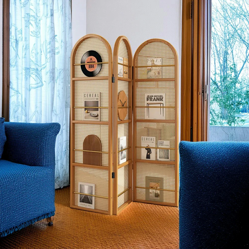 LIVARA Foldable 3-Panel Woven Rattan Bamboo Room Divider with Magazine Rack Arched Design - Image 6