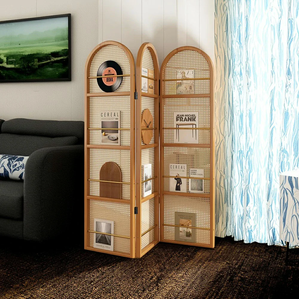 LIVARA Foldable 3-Panel Woven Rattan Bamboo Room Divider with Magazine Rack Arched Design - Image 8