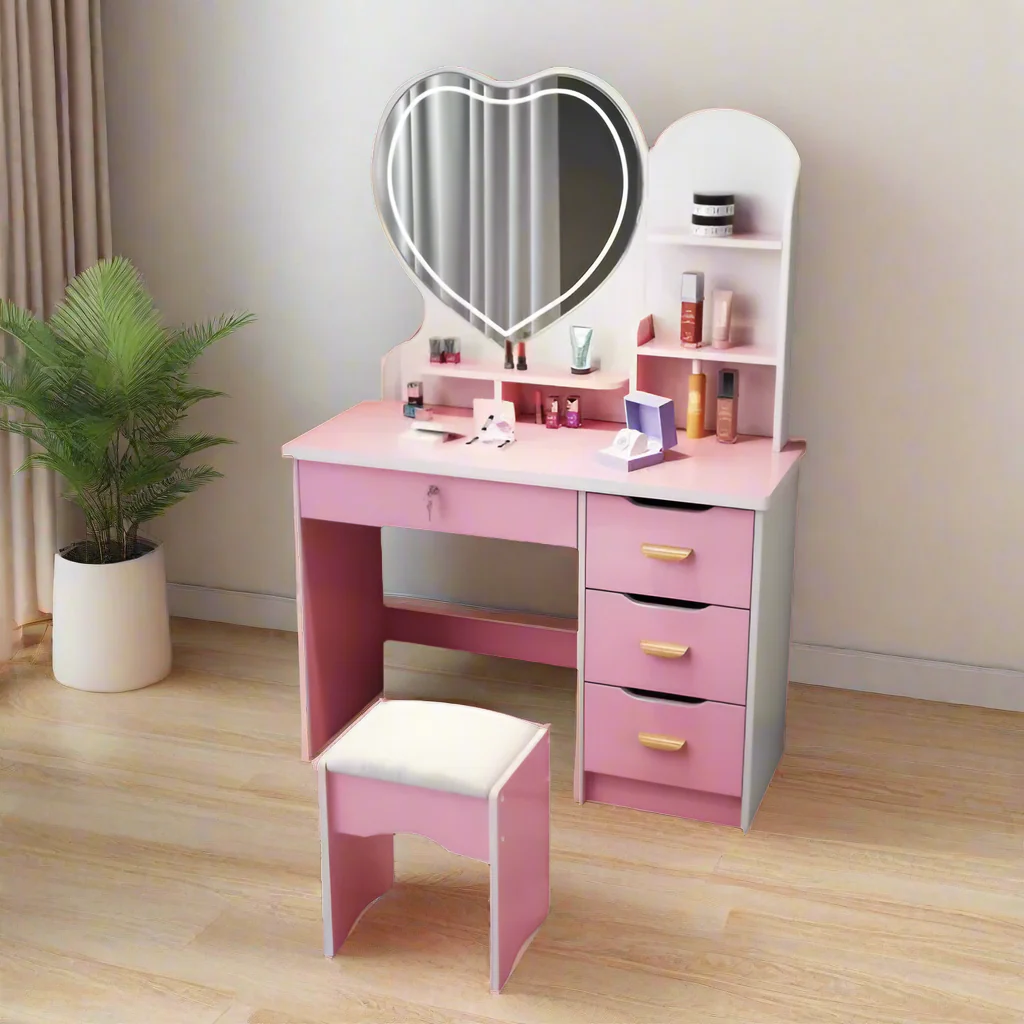 LIVARA 70/80/100CM Length Heart-shaped Mirror Dressing Table With Stool - Image 6