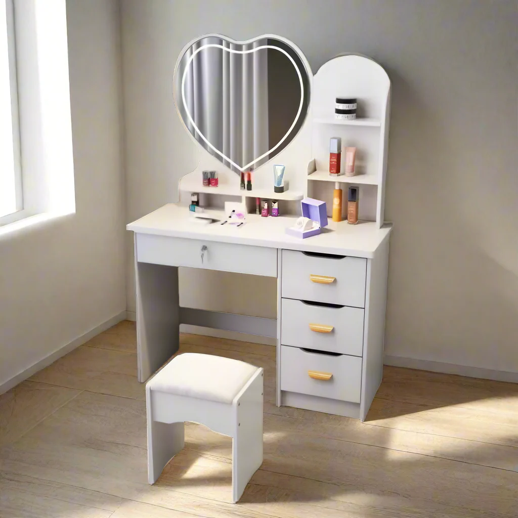 LIVARA 70/80/100CM Length Heart-shaped Mirror Dressing Table With Stool - Image 7