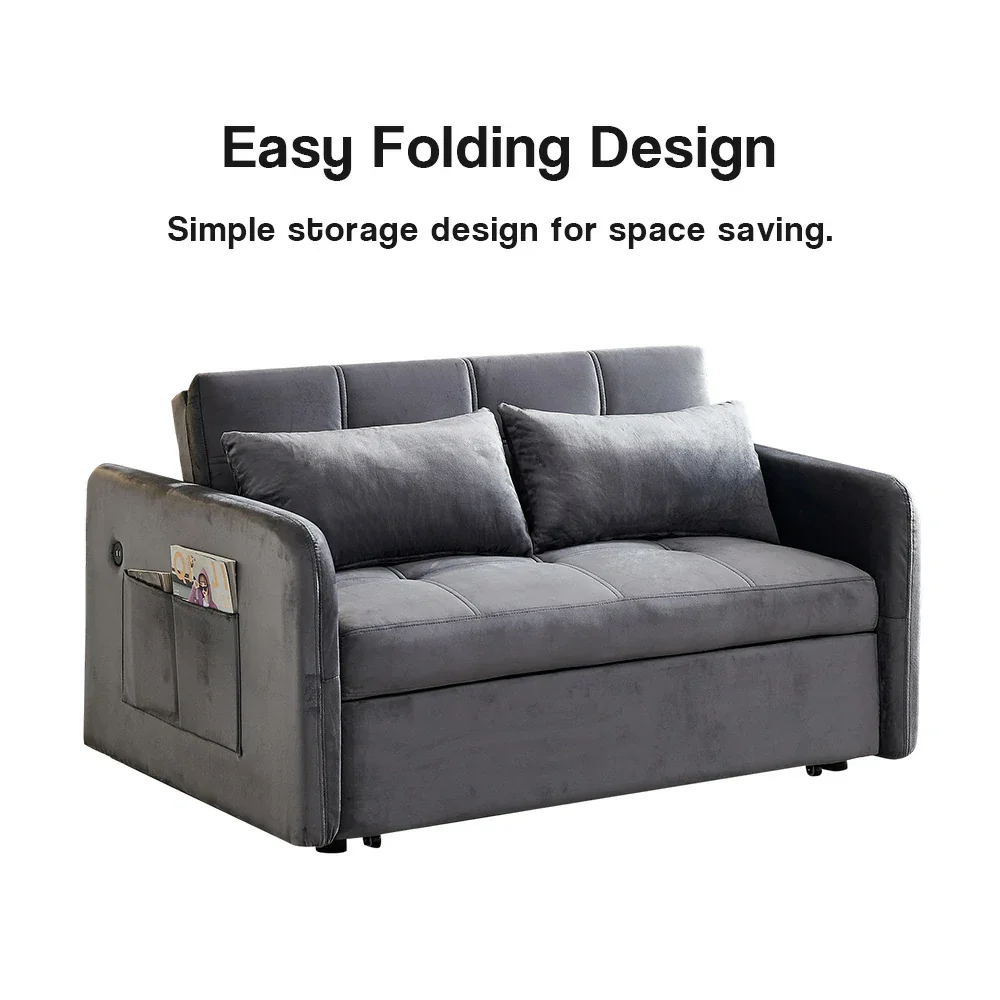 LIVARA 117 Convertible Velvet Sofa Bed, Adjustable Backrest, Built-in USB Charging Port, Twin Size Sleeper, Modern Small-Space Design - Grey - Image 3