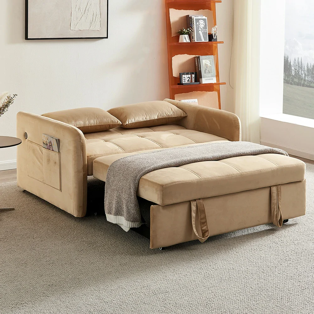 LIVARA 117K Convertible Velvet Sofa Bed, Adjustable Backrest, Built-in USB Charging Port, Twin Size Sleeper, Modern Small-Space Design - Khaki - Image 2