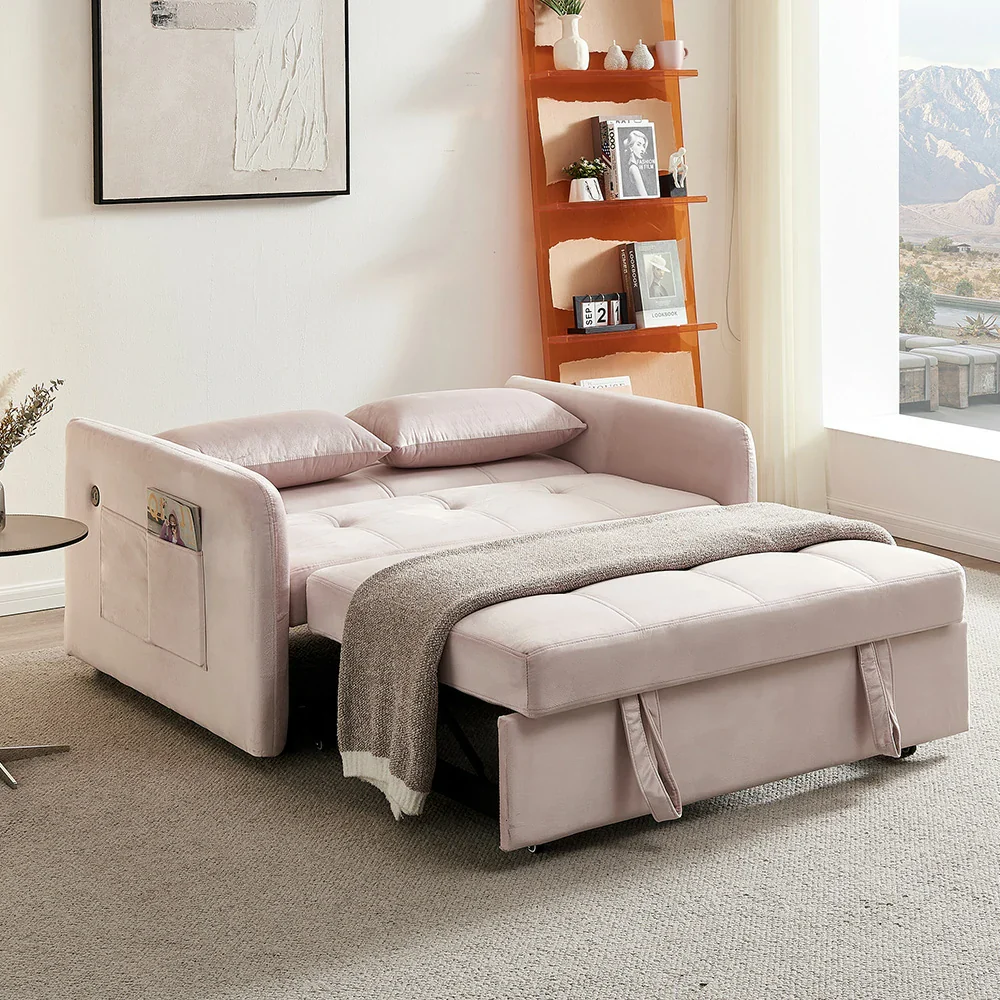LIVARA 117P Convertible Velvet Sofa Bed, Adjustable Backrest, Built-in USB Charging Port, Twin Size Sleeper, Modern Small-Space Design - Pink - Image 2
