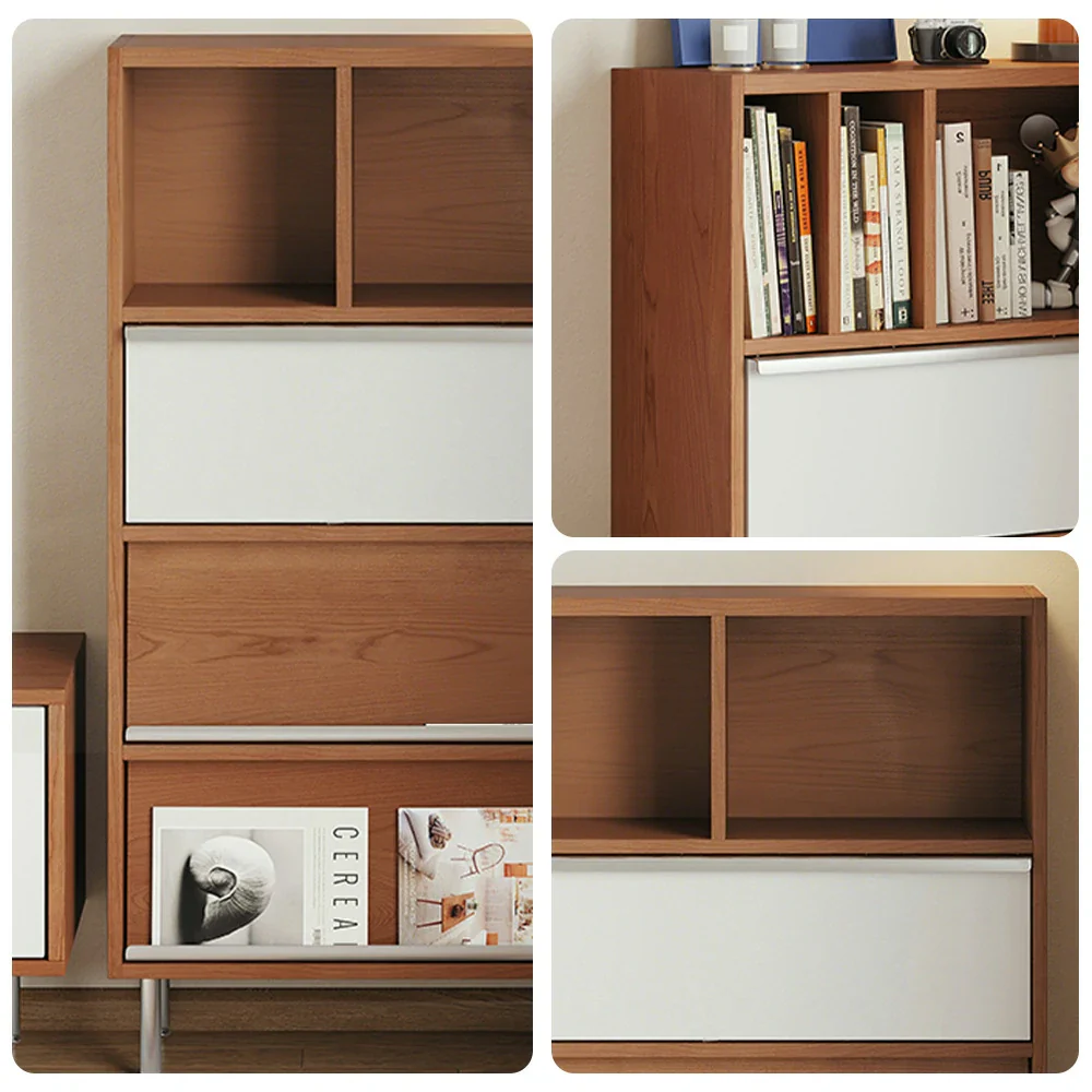 LIVARA 9807 Solid Wood Veneer Storage Cabinet, Flip-Up & Drop-Down Doors with Dual Drawers, Stainless Steel Legs - Wood and White - Image 3