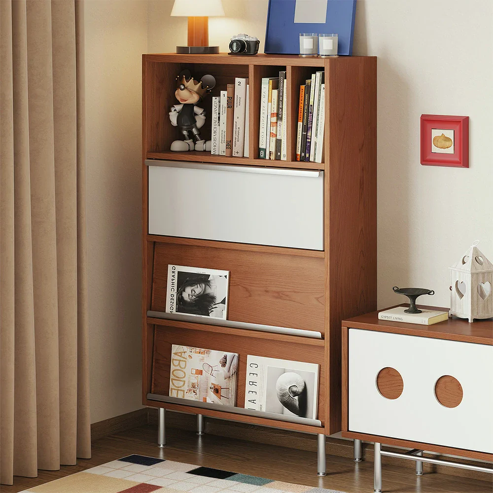 LIVARA 9807 Solid Wood Veneer Storage Cabinet, Flip-Up & Drop-Down Doors with Dual Drawers, Stainless Steel Legs - Wood and White - Image 4