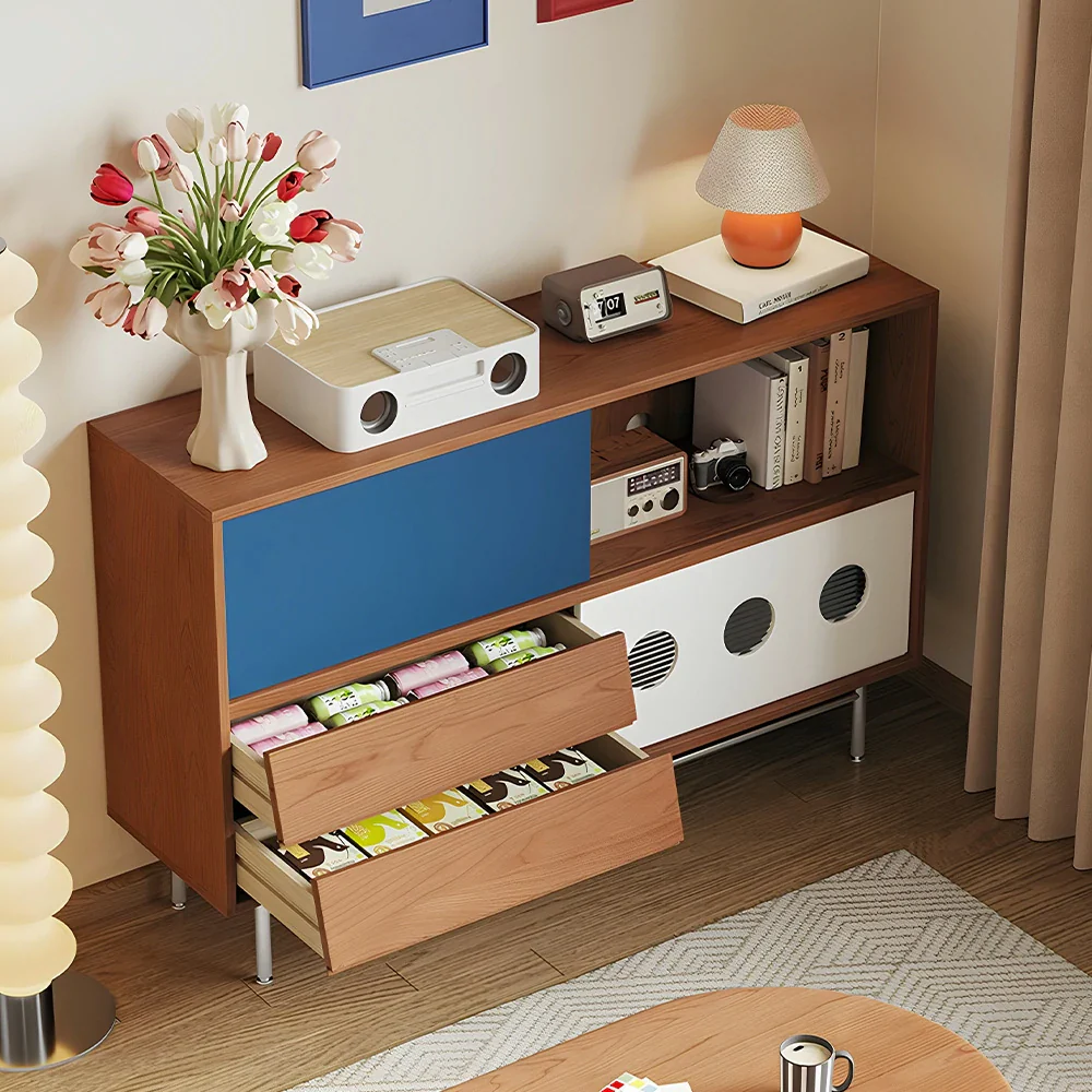 LIVARA 8815 Solid Wood Storage Cabinet, Dual Sliding Doors, Rubberwood with Cherry Veneer, Soft-Close Drawers, Stainless Steel Legs, Spacious Design - Wood and Blue - Image 4