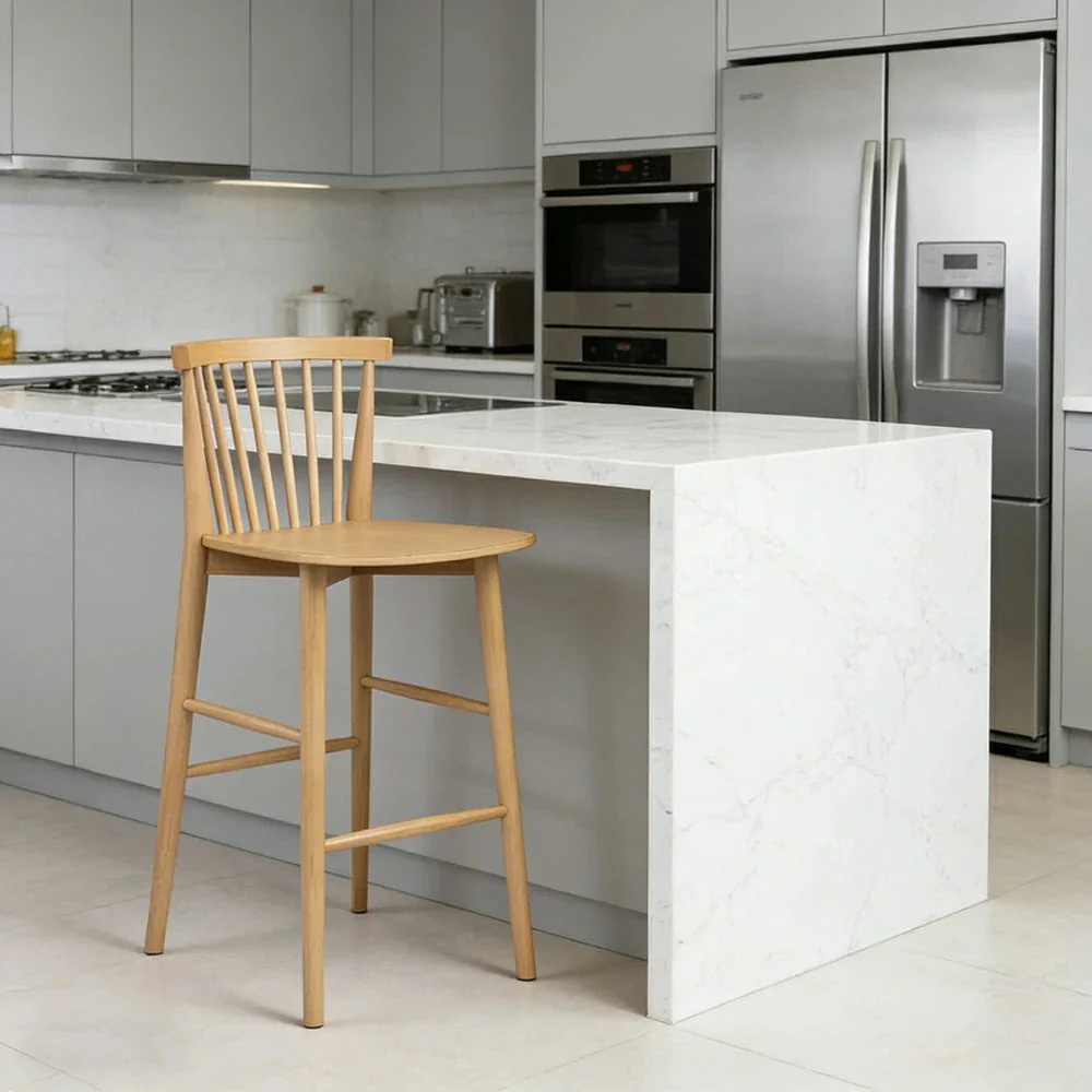 LIVARA Solid Wood Bar Stool - Ergonomic Slatted Backrest, Reinforced Crossbar Support, Durable Dining & Kitchen Seating - Natural - Image 2