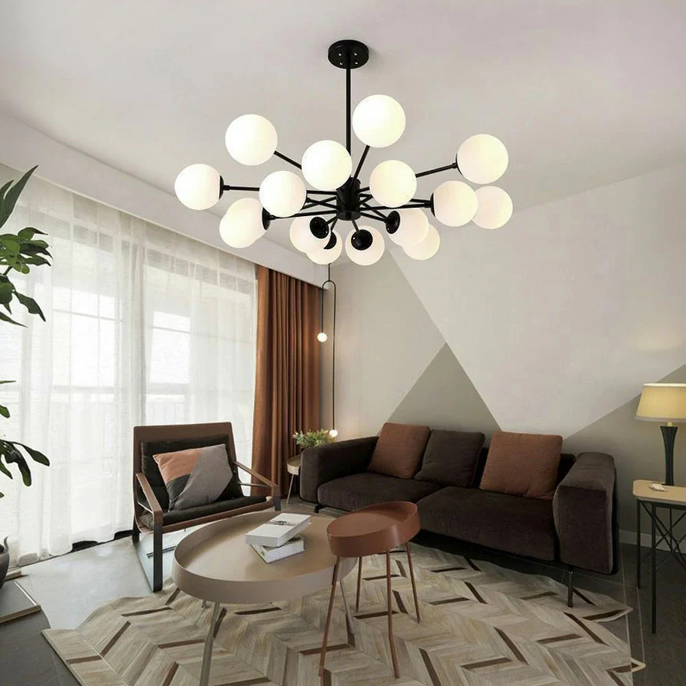 LIVARA 16-Head Black Opal Glass Pendant Light with 5W Tri-Color LED Bulbs Modern Iron & Glass Chandelier Adjustable Rod Design for Living & Dining Room - Image 2
