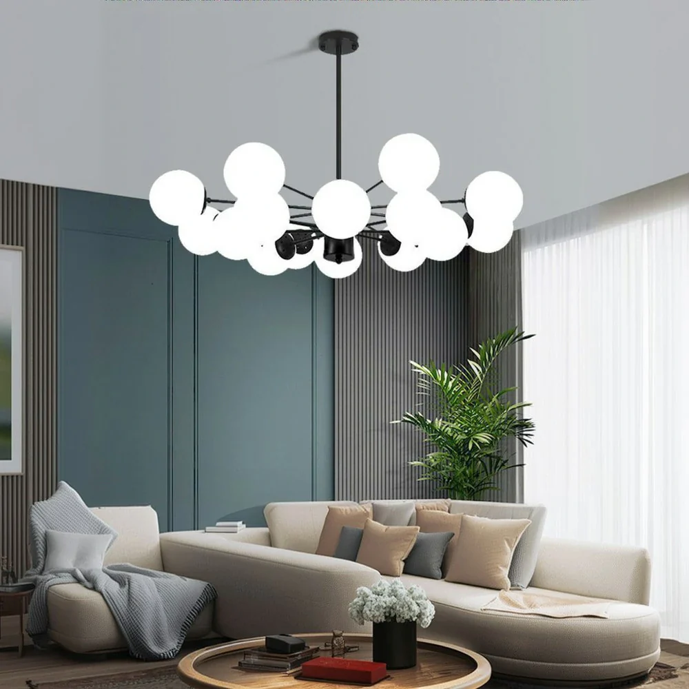 LIVARA 16-Head Black Opal Glass Pendant Light with 5W Tri-Color LED Bulbs Modern Iron & Glass Chandelier Adjustable Rod Design for Living & Dining Room - Image 4