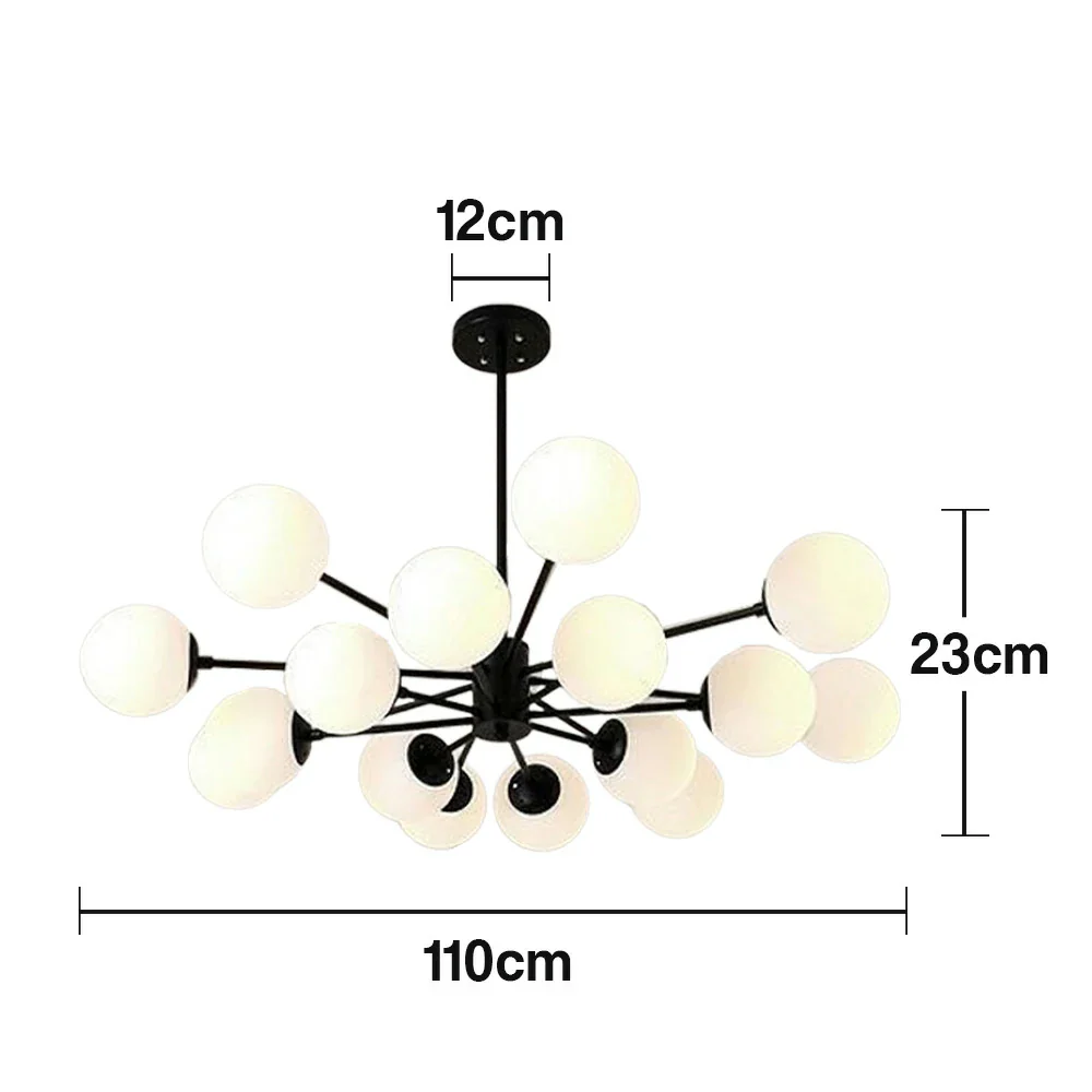 LIVARA 16-Head Black Opal Glass Pendant Light with 5W Tri-Color LED Bulbs Modern Iron & Glass Chandelier Adjustable Rod Design for Living & Dining Room - Image 5