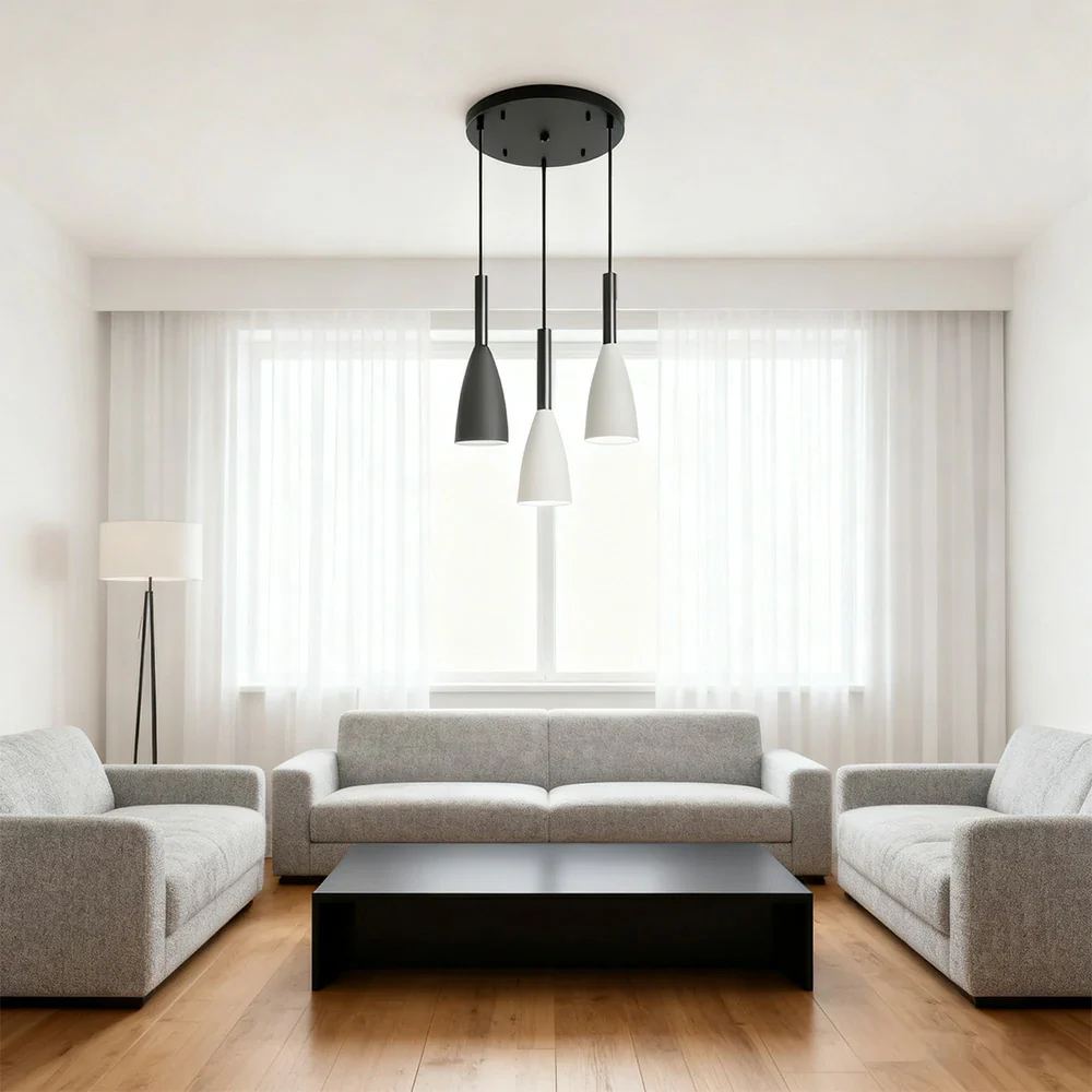 LIVARA 3-Head Round Base Pendant Light Three-Color Dimmable LED Hanging Lamp Modern Iron & Wood Design for Dining Room and Kitchen Island - Black & Grey - Image 4