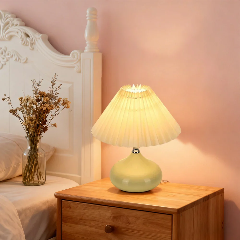 LIVARA 5W Table Lamp Three-Color Dimmable with Pleated Fabric Shade & Ceramic Base - Button Switch - Yellow - Image 4