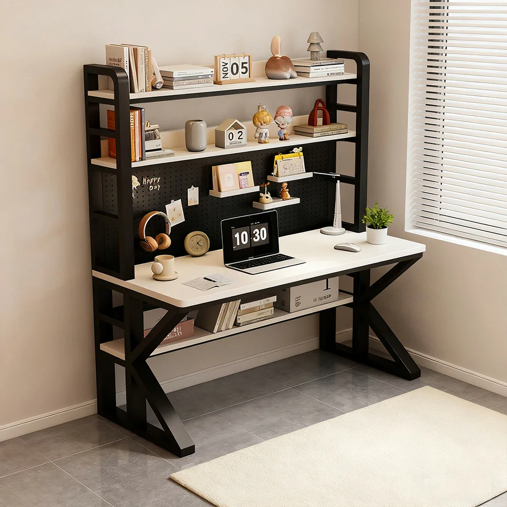 LIVARA Office Desk 100/120/140cm, 2-in-1 Space-Saving Design, Thick Panels, Steel Frame, Pegboard Storage - Black and White - Image 2