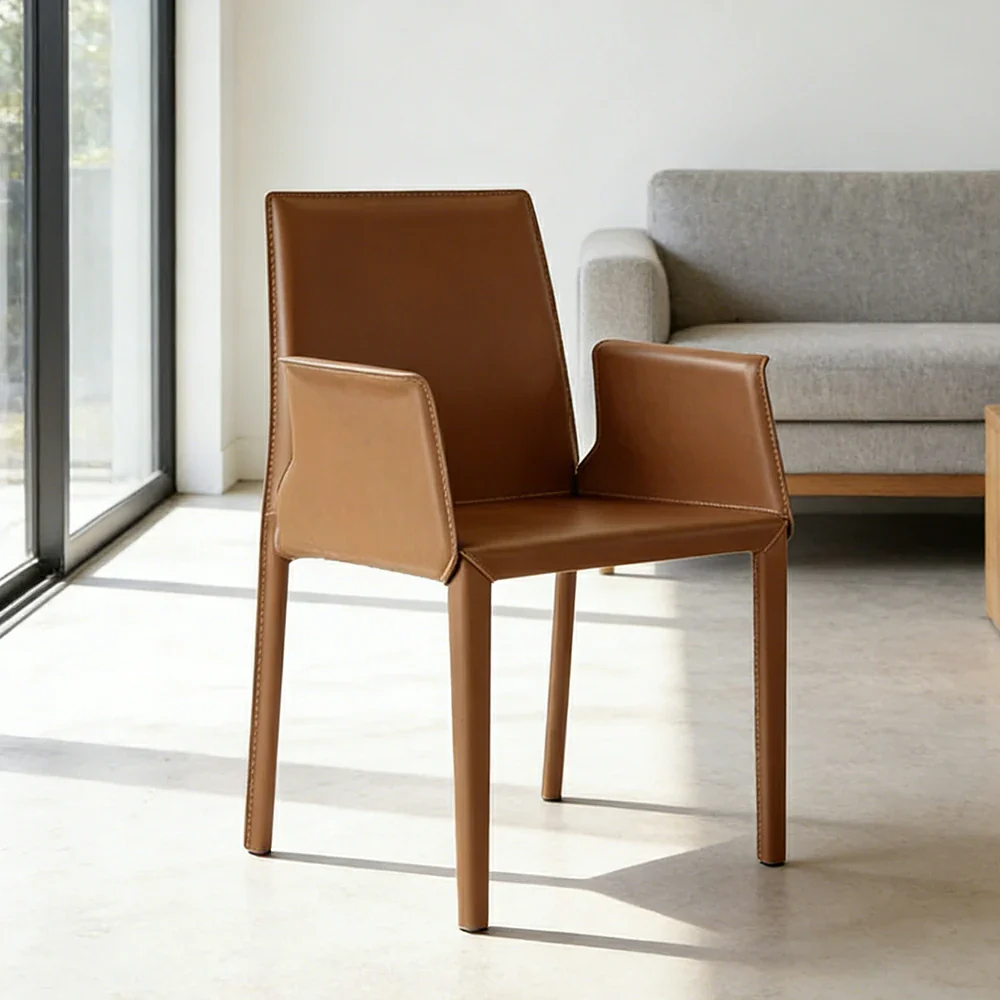 LIVARA Modern Arm Dining Chair - Premium 2.2mm Saddle Leather Upholstery, High Back Support, Carbon Steel Legs, Durable Stitching Design - Brown - Image 4
