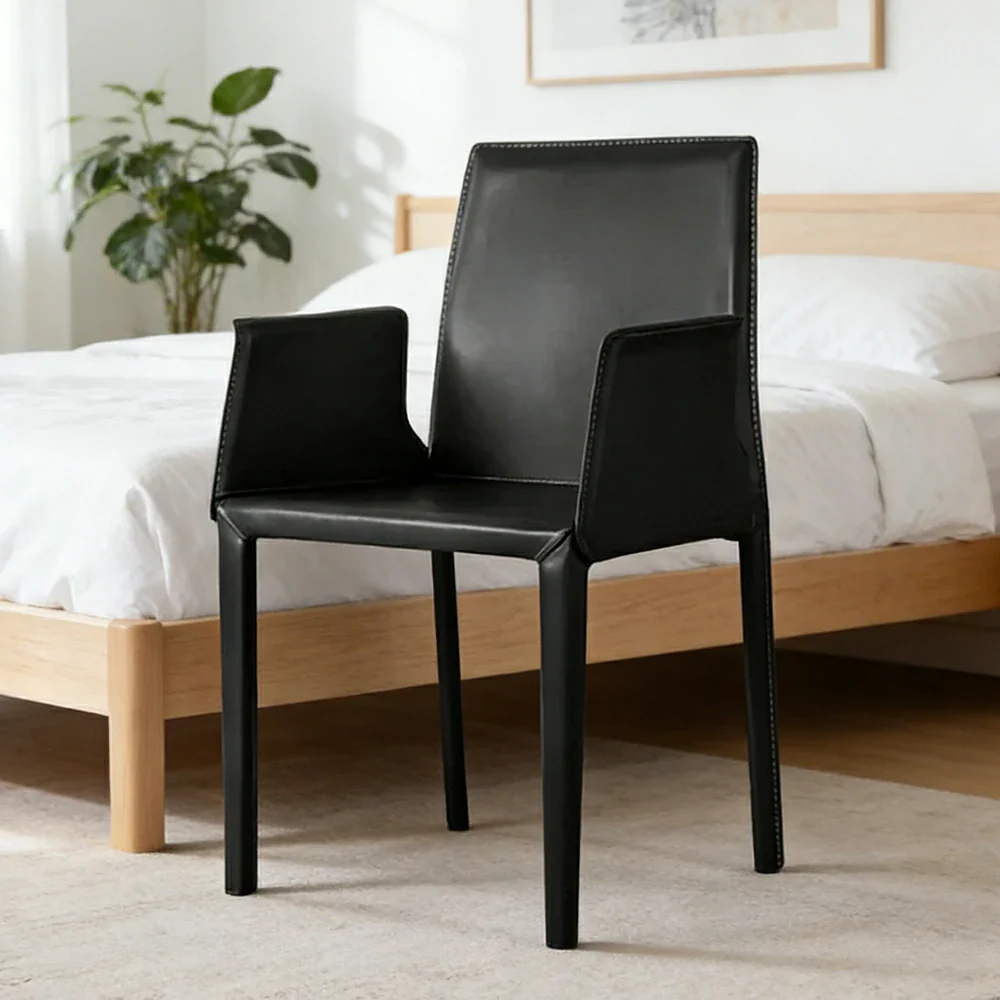 LIVARA Modern Arm Dining Chair - Premium 2.2mm Saddle Leather Upholstery, High Back Support, Carbon Steel Legs, Durable Stitching Design - Black - Image 2