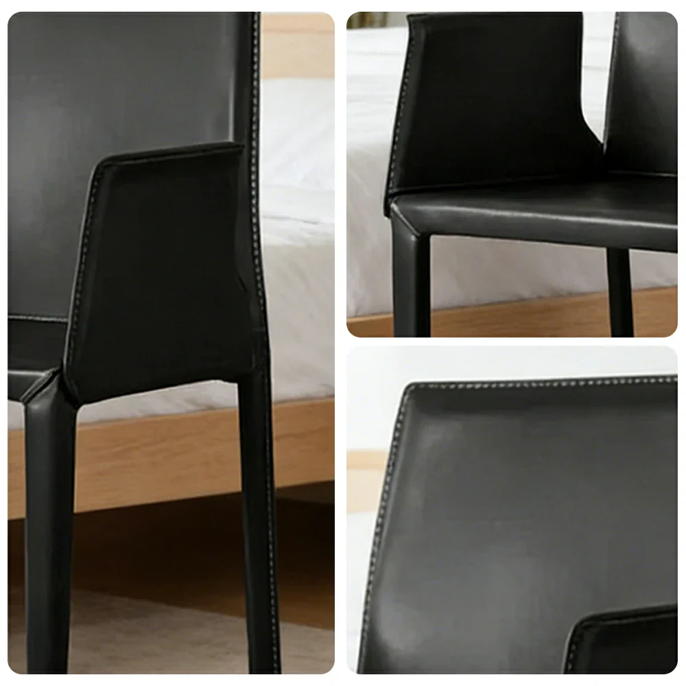 LIVARA Modern Arm Dining Chair - Premium 2.2mm Saddle Leather Upholstery, High Back Support, Carbon Steel Legs, Durable Stitching Design - Black - Image 3
