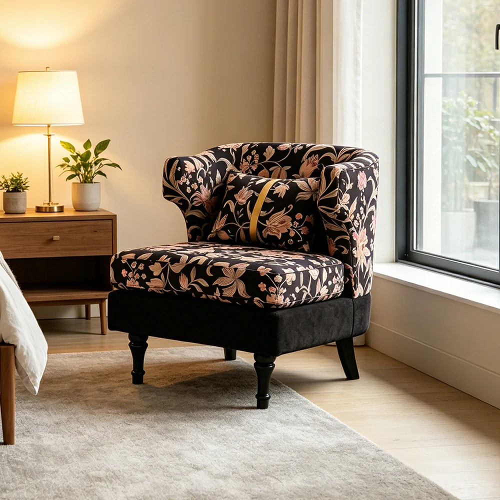 LIVARA Floral Dutch Velvet & Green Cotton Linen Lounge Chair - Vintage Living Room Accent Chair - Gilded Floral Black - Image 5