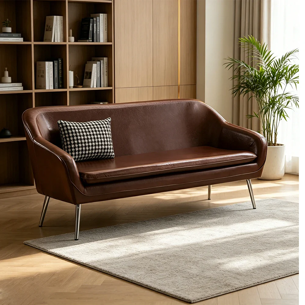 LIVARA Waxed Leather Sofa - Classic Living Room Lounge Couch - Reddish Brown - Image 5