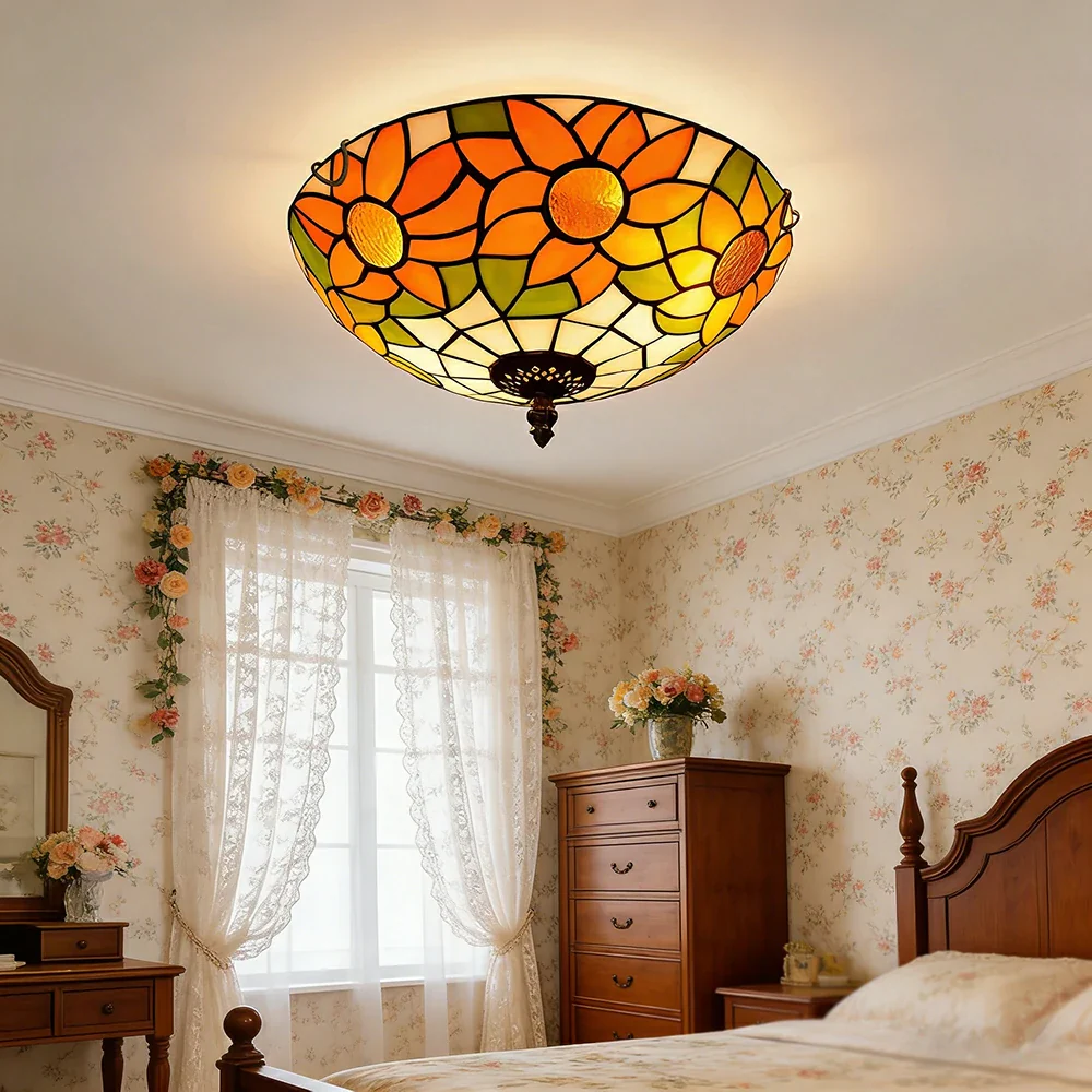 LIVARA White Sunflower Stained Glass Ceiling Light Handcrafted Vintage Mediterranean Ambient Lighting 30/40cm Living Bedroom Dining - Image 4