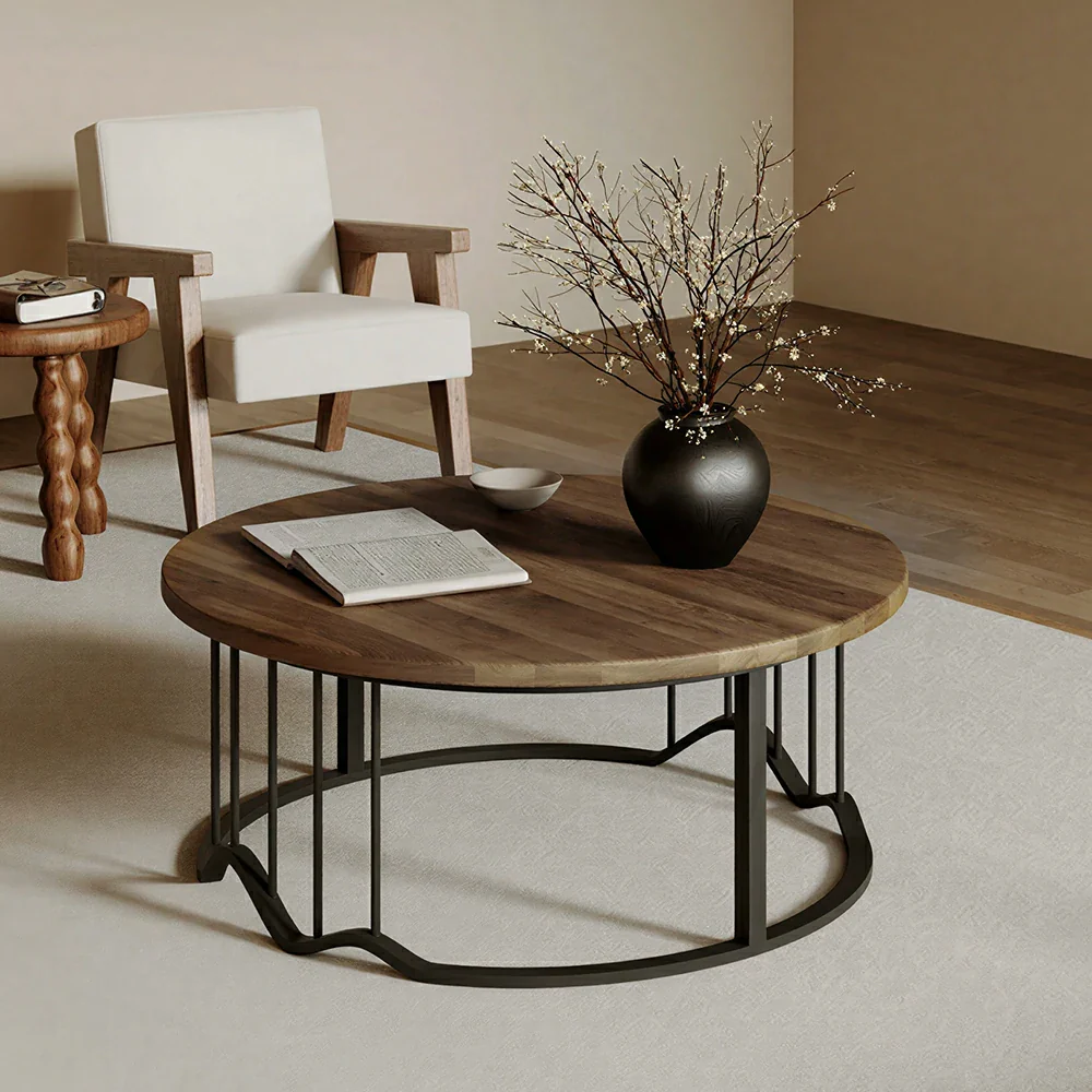 LIVARA Round Coffee Table - 100cm Wood Grain Table with Metal Frame for Living Room - Walnut - Image 2