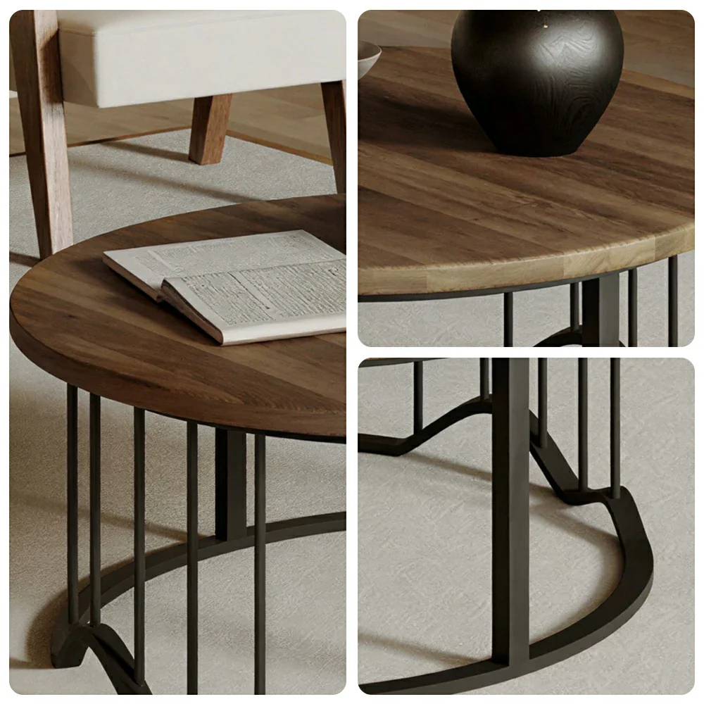 LIVARA Round Coffee Table - 100cm Wood Grain Table with Metal Frame for Living Room - Walnut - Image 3