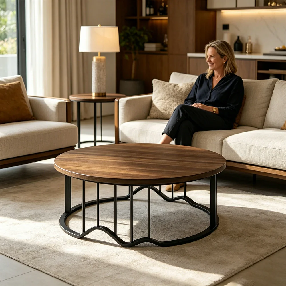 LIVARA Round Coffee Table - 100cm Wood Grain Table with Metal Frame for Living Room - Walnut - Image 6