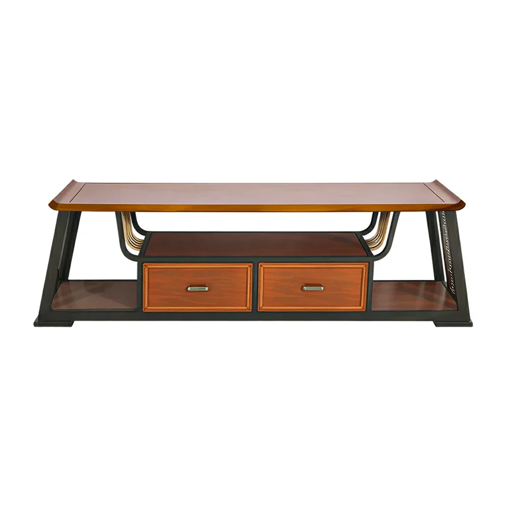 LIVARA Modern Oriental TV Cabinet - Birch Veneer Media Storage Unit with Dual Drawers & Open Shelf - 162cm Living Room TV Stand - Walnut