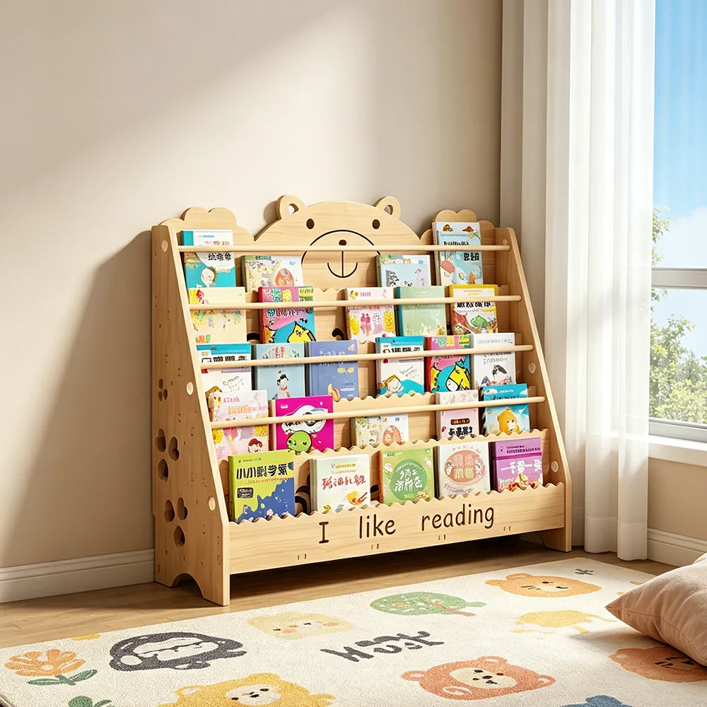 LIVARA Kids Bookshelf - Cute Bear Design Multi-Tier Book Storage Freestanding Reading Organiser 100cm - Natural Wood - Image 5