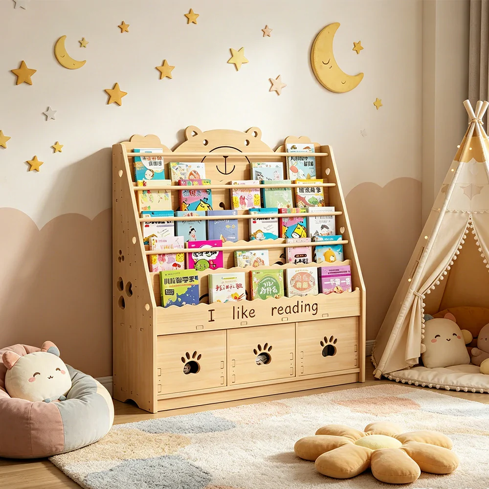 LIVARA Kids Bookshelf - Cute Bear Design Multi-Tier Book Storage Drawer Cabinet 100cm - Natural Wood - Image 2