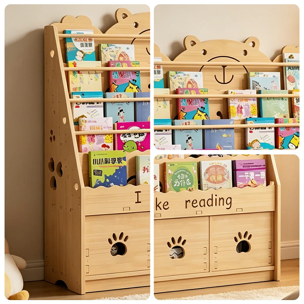 LIVARA Kids Bookshelf - Cute Bear Design Multi-Tier Book Storage Drawer Cabinet 100cm - Natural Wood - Image 3