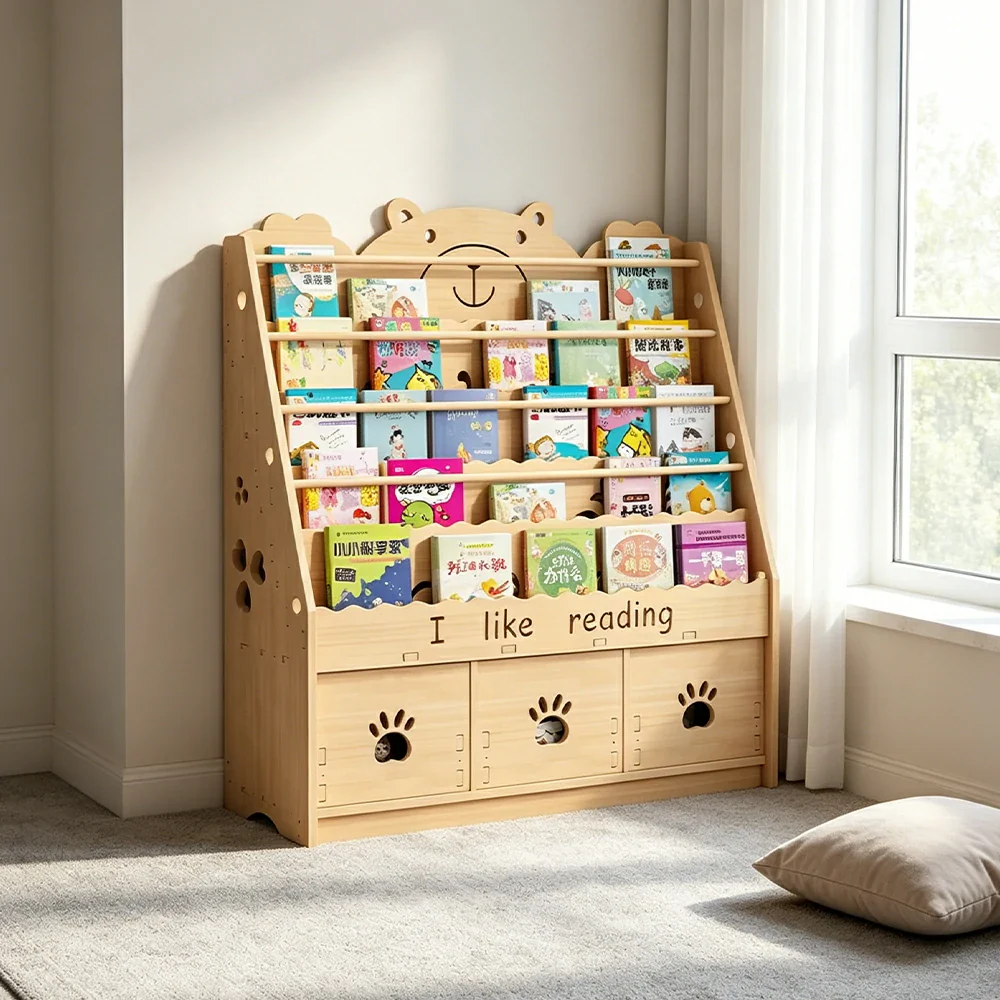 LIVARA Kids Bookshelf - Cute Bear Design Multi-Tier Book Storage Drawer Cabinet 100cm - Natural Wood - Image 6