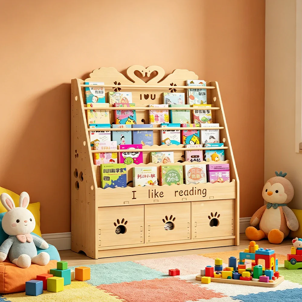 LIVARA Kids Bookshelf - Swan Design Multi-Tier Book Storage Drawer Cabinet 100cm - Natural Wood - Image 4