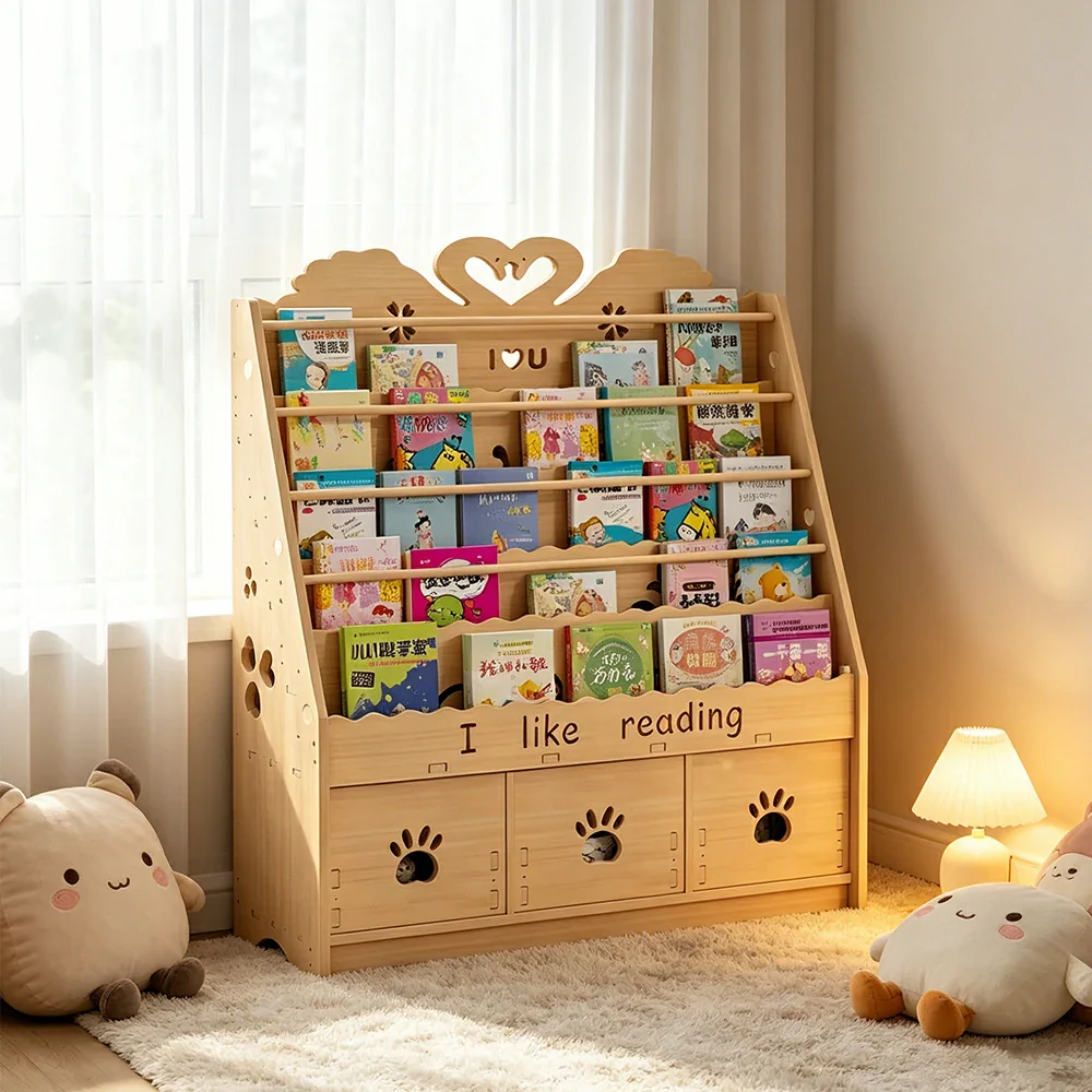LIVARA Kids Bookshelf - Swan Design Multi-Tier Book Storage Drawer Cabinet 100cm - Natural Wood - Image 6