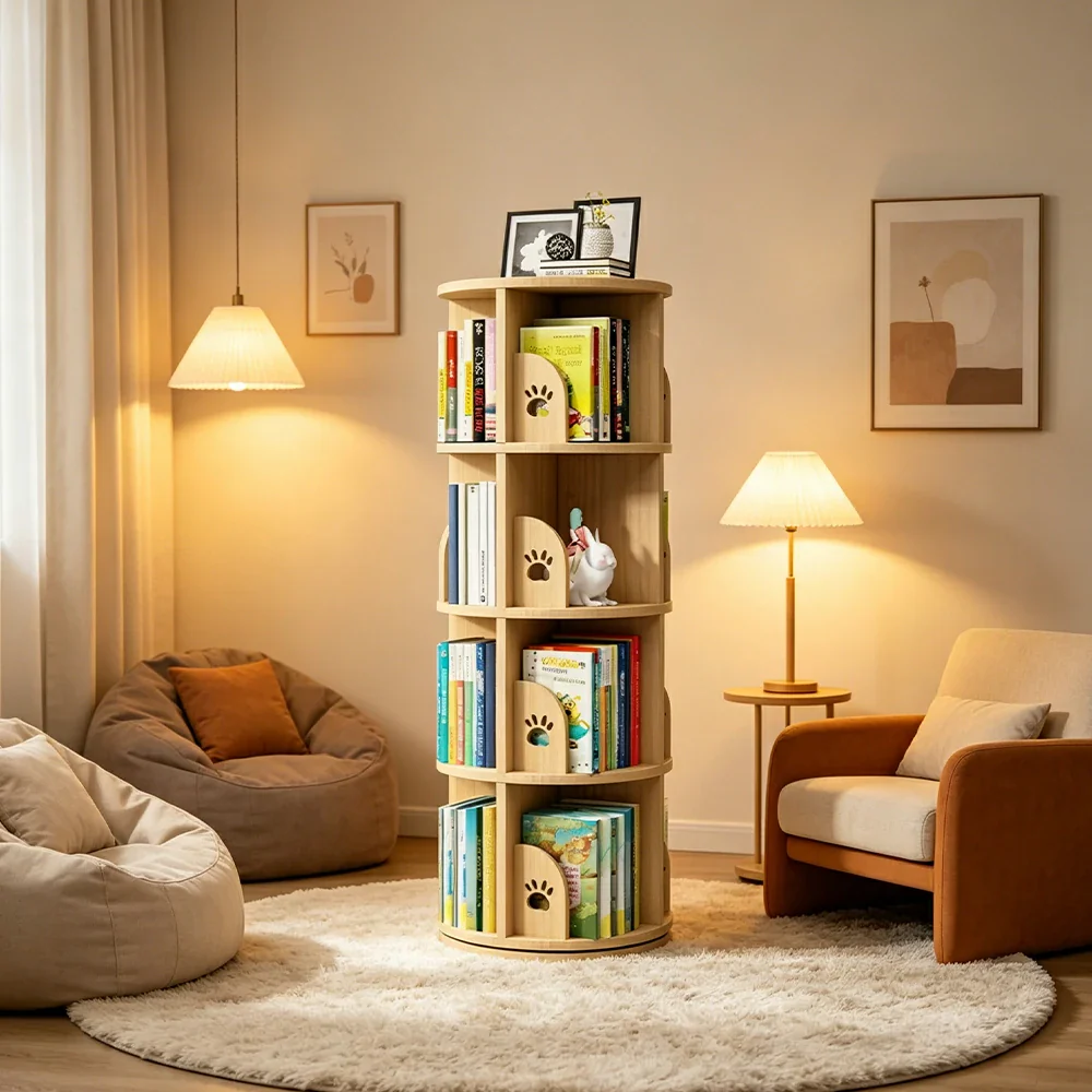 LIVARA Kids Rotating Bookshelf - Four-Tier Bear Paw Design 360 Degree Book Storage Organiser 46cm - Natural Wood - Image 4