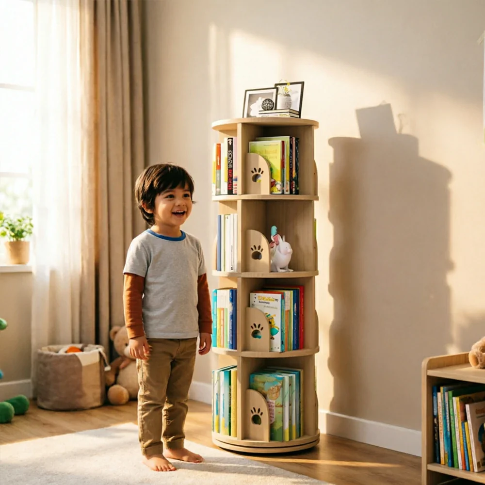 LIVARA Kids Rotating Bookshelf - Four-Tier Bear Paw Design 360 Degree Book Storage Organiser 46cm - Natural Wood - Image 7