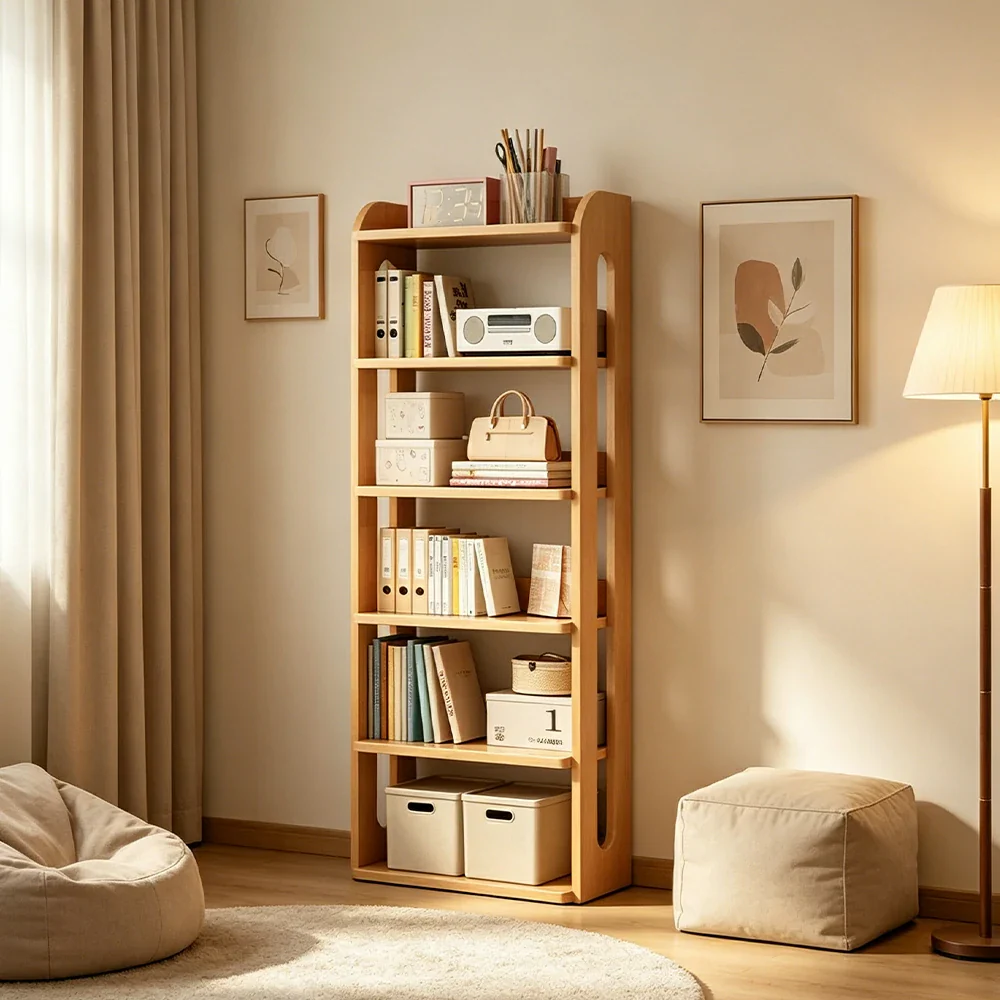 LIVARA Bookshelf - Eco Clear Lacquer Six-Tier Solid Pine Storage Shelf 60cm - Natural Wood - Image 2