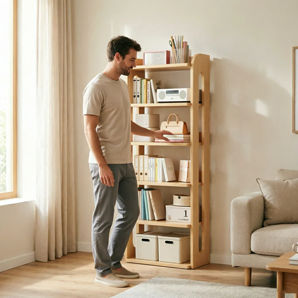 LIVARA Bookshelf - Eco Clear Lacquer Six-Tier Solid Pine Storage Shelf 60cm - Natural Wood - Image 7
