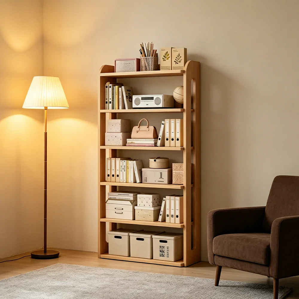 LIVARA Bookshelf - Eco Clear Lacquer Six-Tier Solid Pine Storage Shelf 80cm - Natural Wood - Image 4